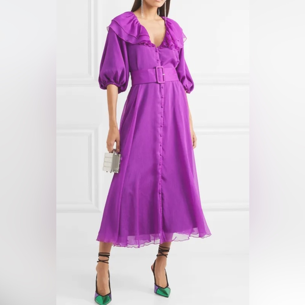 Rotate Birger Christensen Midi Dress Women 34 Purple NEW Ruffle Belted Georgette